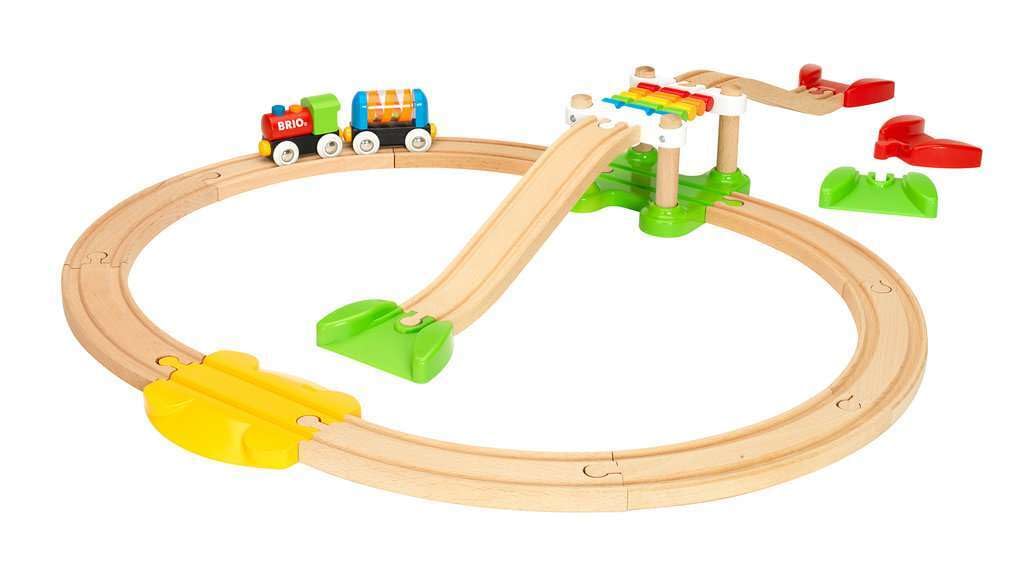 BRIO My First Railway Beginner Pack wooden track tiles support sturdy, buildable layouts.