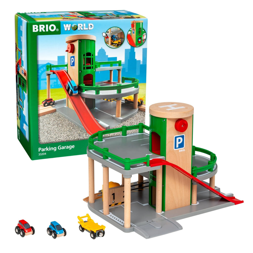 BRIO Parking Garage 7-piece set enables imaginative play with durable wood.