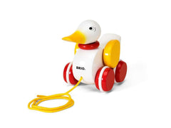 BRIO Pull Along Duck head nod action supports early motor exploration.