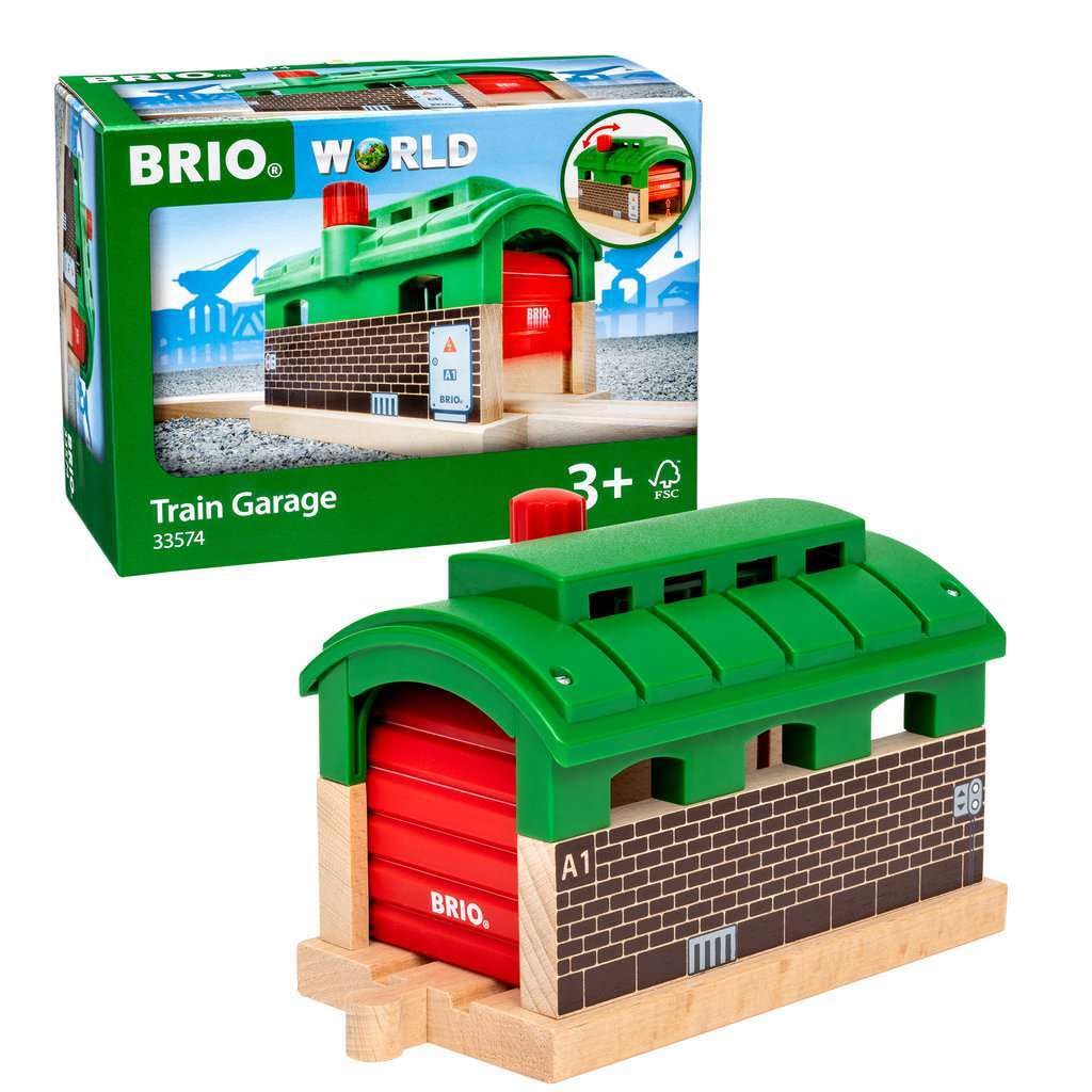 Brio Train Garage doors open for easy train entry and play.