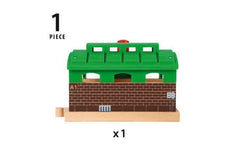 Train sits inside the Brio Train Garage ready for activity.