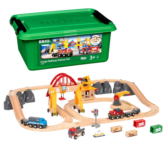 BRIO World Cargo Railway Deluxe battery-powered engine powering imaginative play on wooden tracks