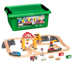 BRIO World Cargo Railway Deluxe battery-powered engine powering imaginative play on wooden tracks