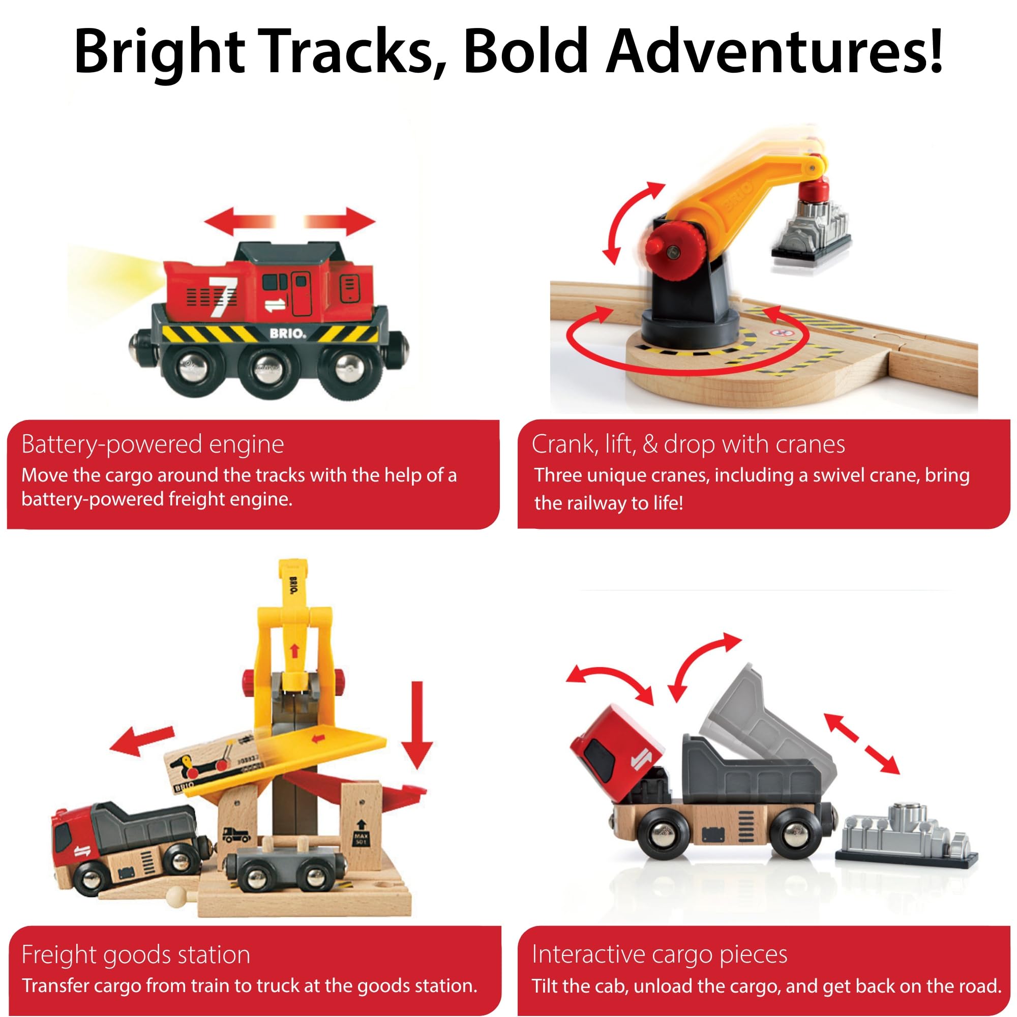 BRIO truck and cargo car moving goods across the tracks
