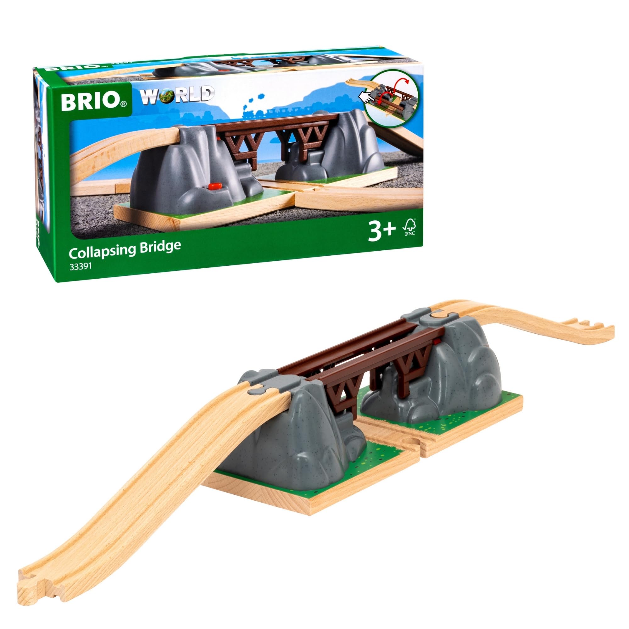 BRIO World Collapsing Bridge 3-piece set, side view showing wooden build and safety.