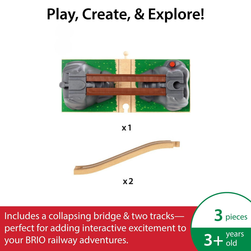 BRIO World Collapsing Bridge close-up wood grain, showcasing sustainable materials.