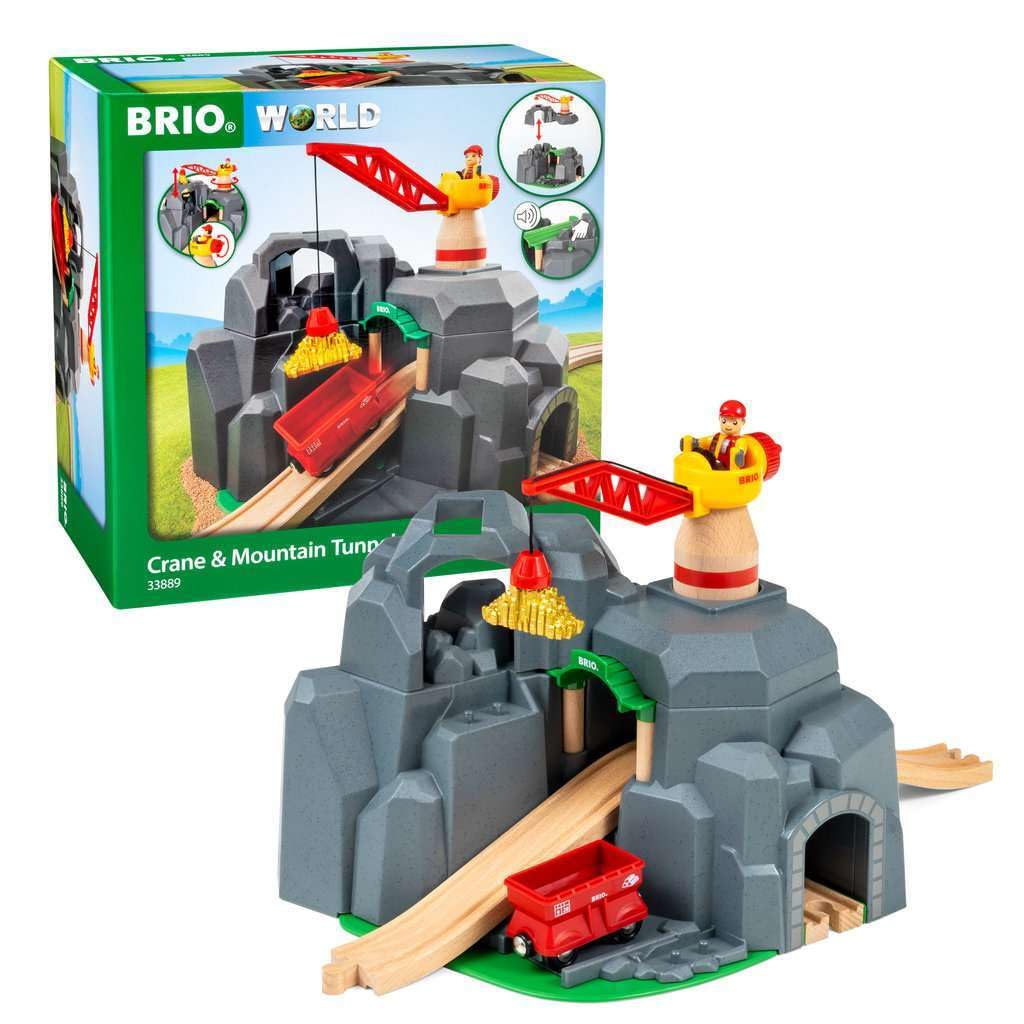 BRIO World crane on mountain tunnel in play engages imagination and movement.