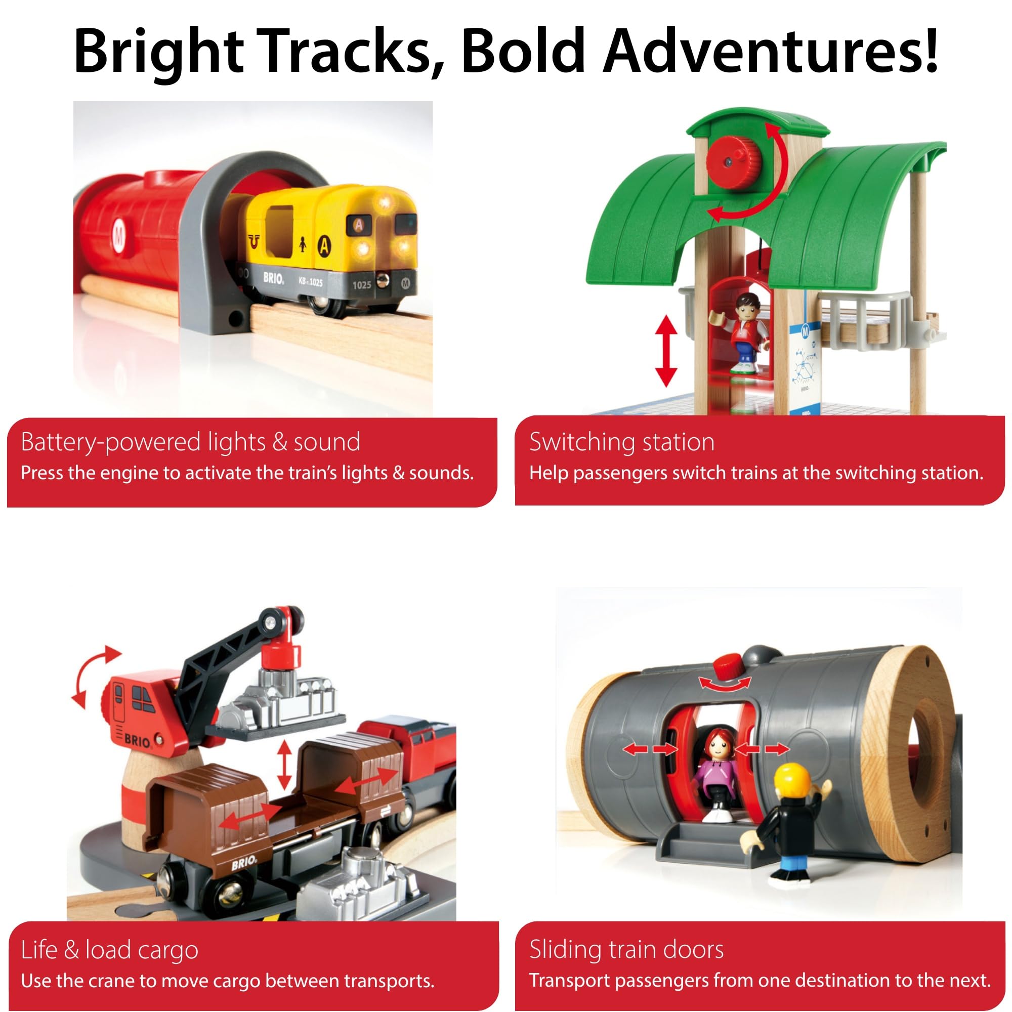 Brio World Deluxe freight train moves cargo, supporting imaginative logistics play.