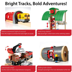 Brio World Deluxe freight train moves cargo, supporting imaginative logistics play.