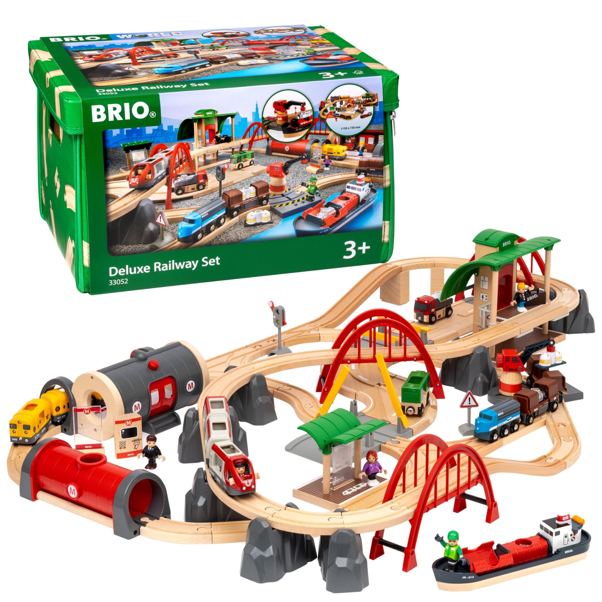 Brio World Deluxe Railway Set overview showcases a wide wooden play system encouraging open-ended storytelling.
