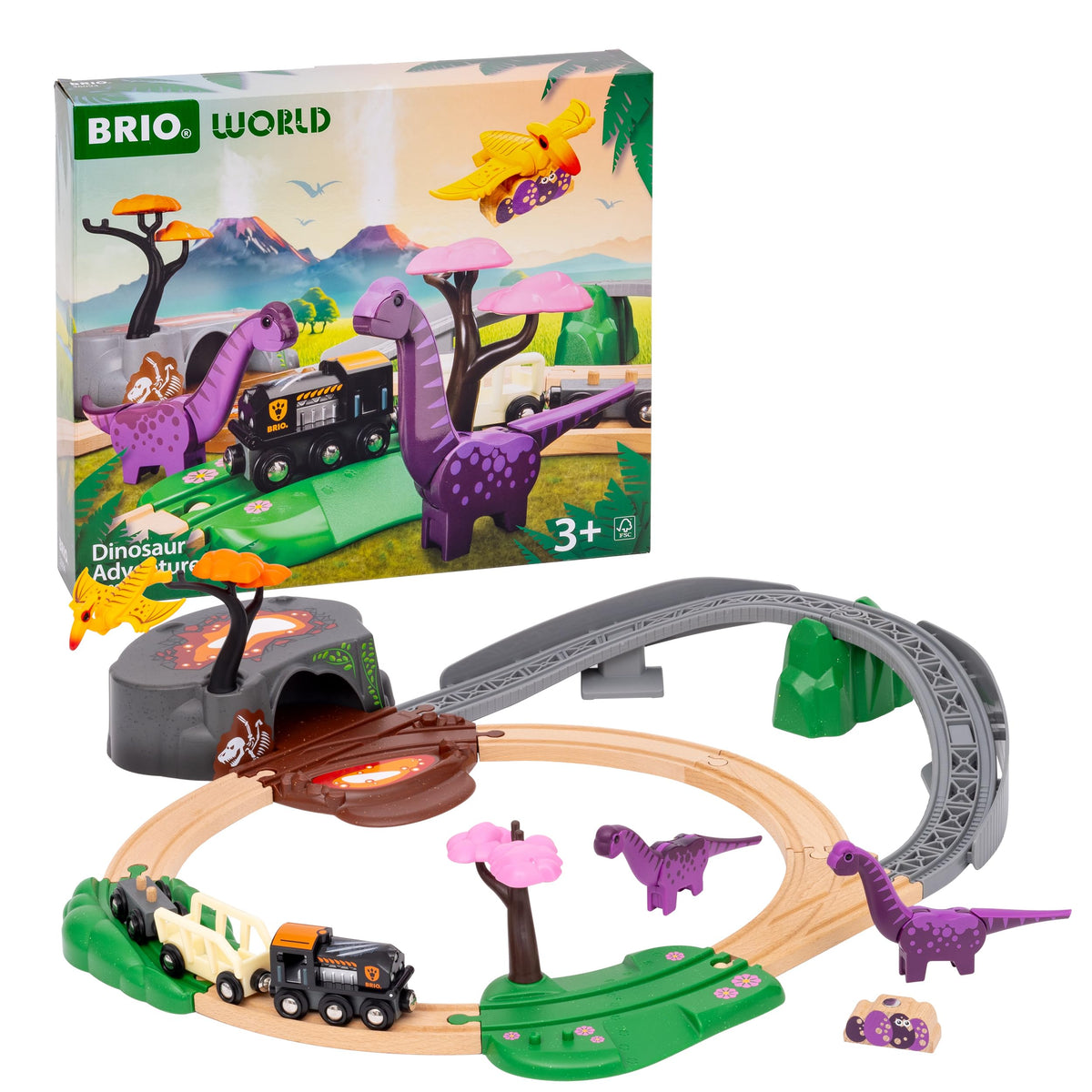 BRIO World Dinosaur Adventure Set engine shown in bright colors for imaginative exploration.