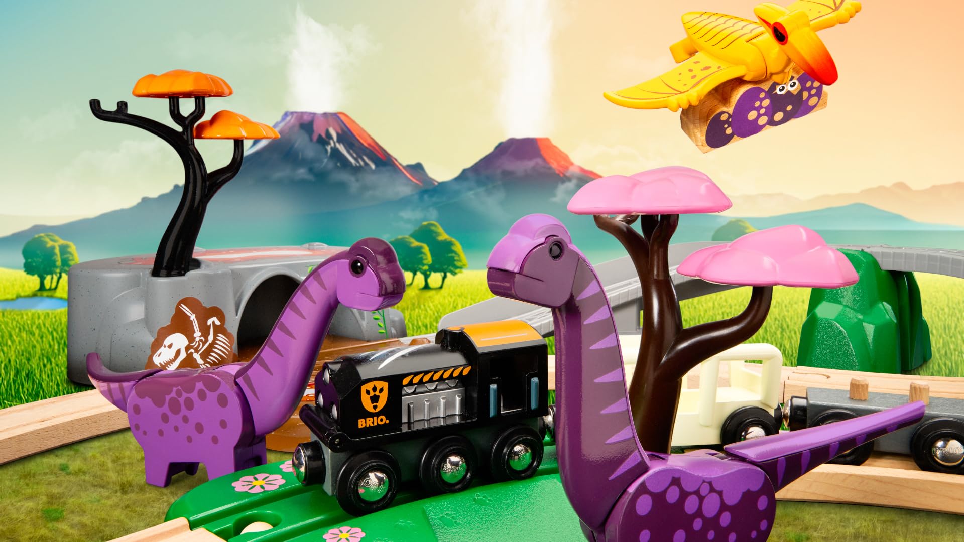 BRIO World Dinosaur Adventure Set scenic pieces inspire world-building.