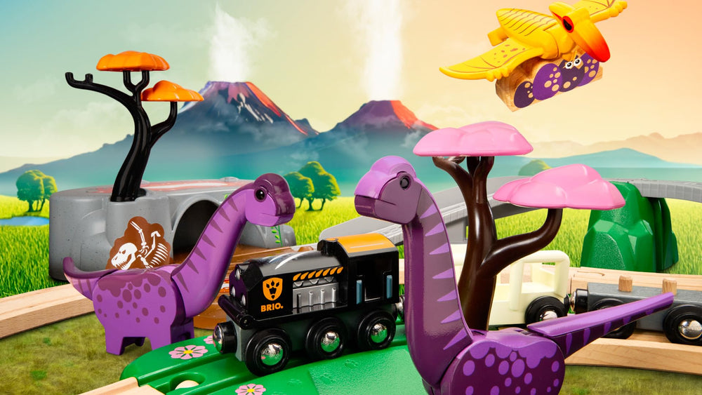 BRIO World Dinosaur Adventure Set scenic pieces inspire world-building.