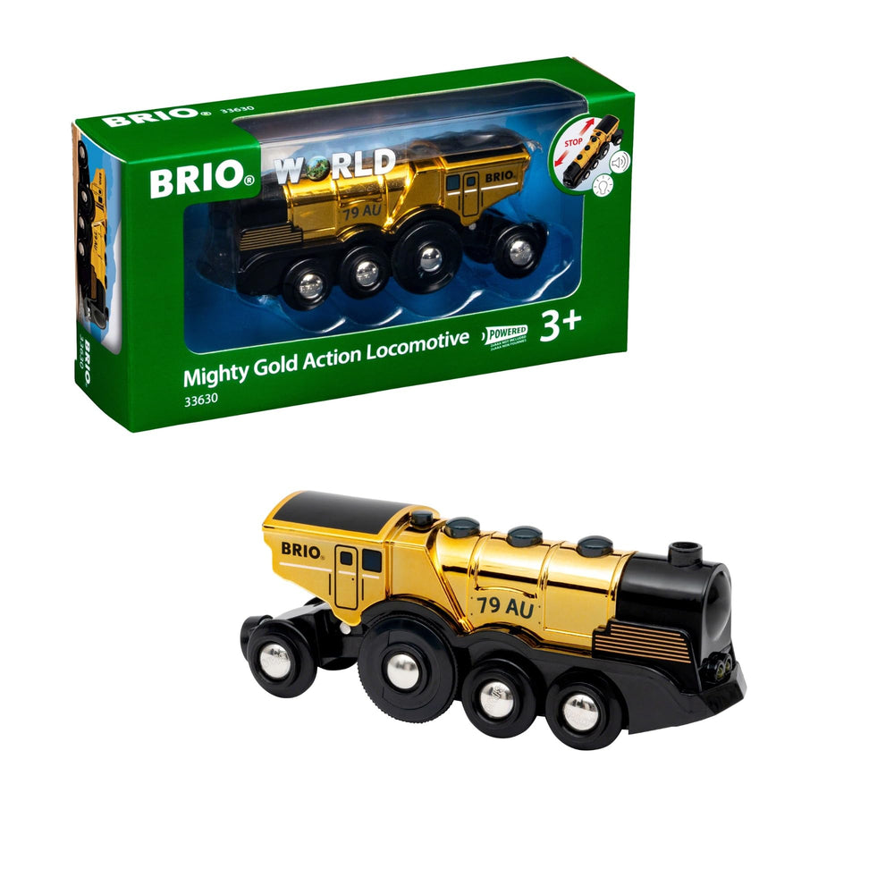 BRIO Mighty Golden Action Locomotive front view with lights for engaging play