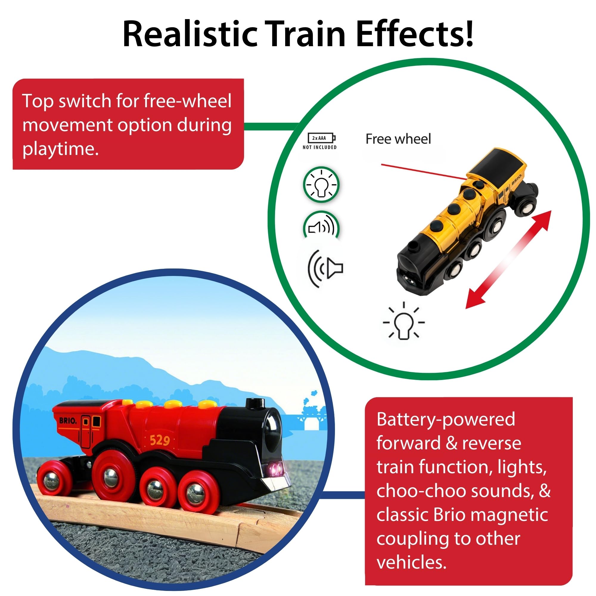BRIO Mighty Golden Action Locomotive lights on showing realistic train lighting during play