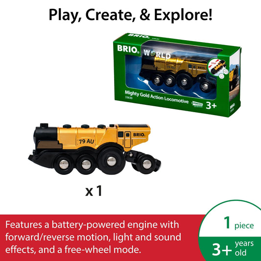 BRIO Mighty Golden Action Locomotive side view showcasing interactive controls for storytelling