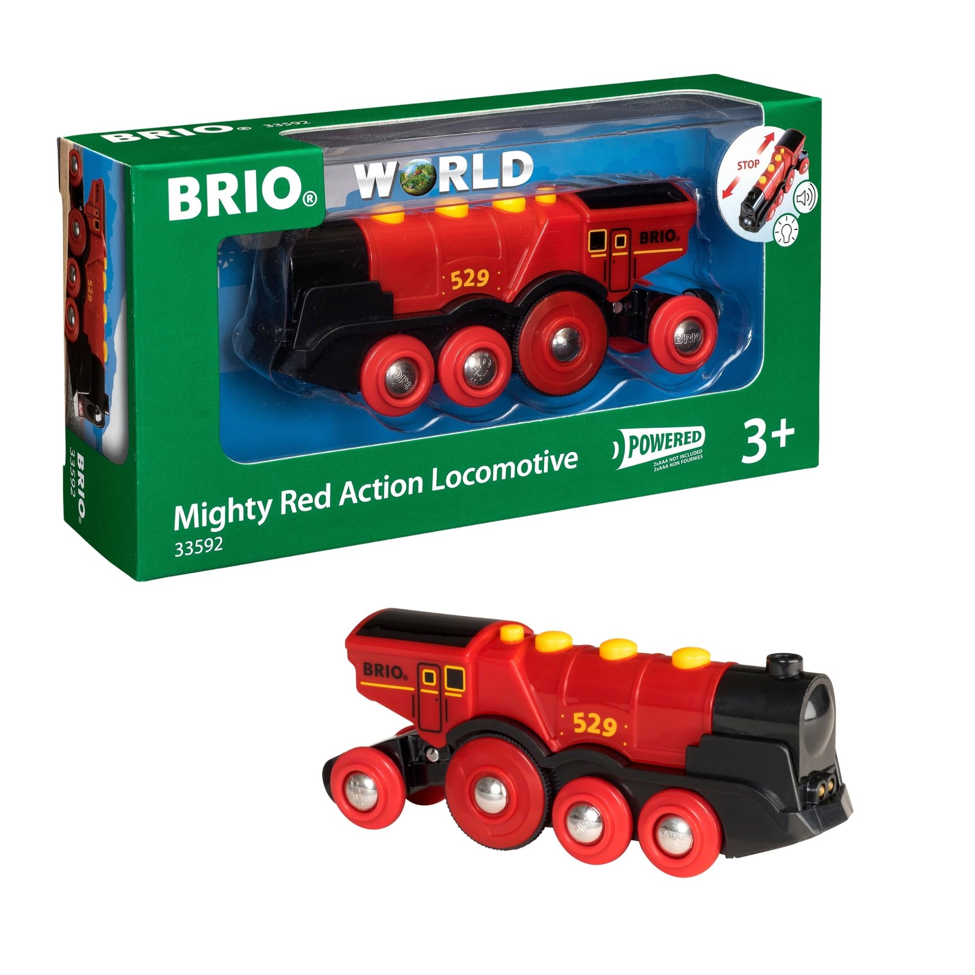 BRIO Mighty Red Action Locomotive front lights illuminate wooden-track play