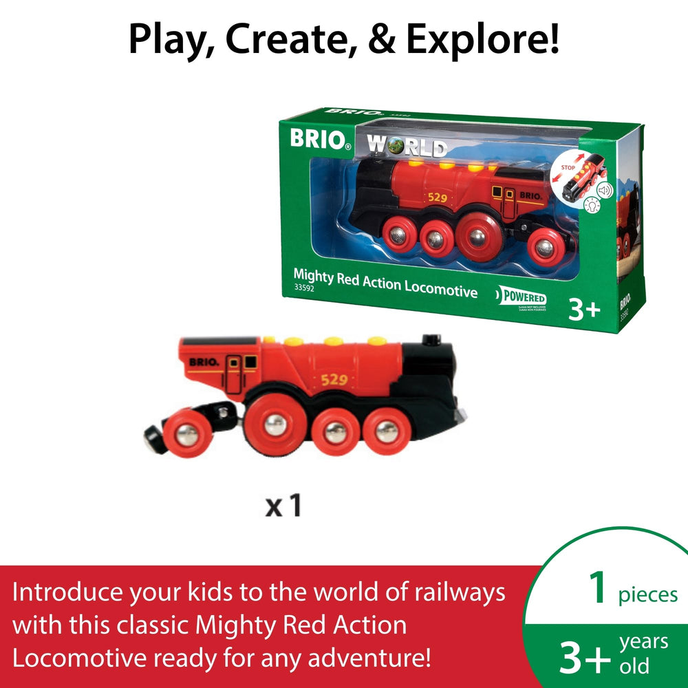 BRIO Mighty Red Action Locomotive on wooden track encourages open-ended journeys