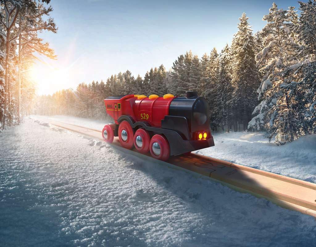BRIO Mighty Red Action Locomotive side view shows durable wooden construction