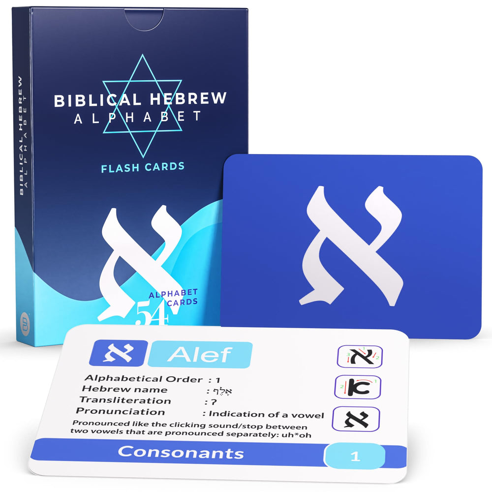 Briston Biblical Hebrew flash card set front view with letter names and transliteration.