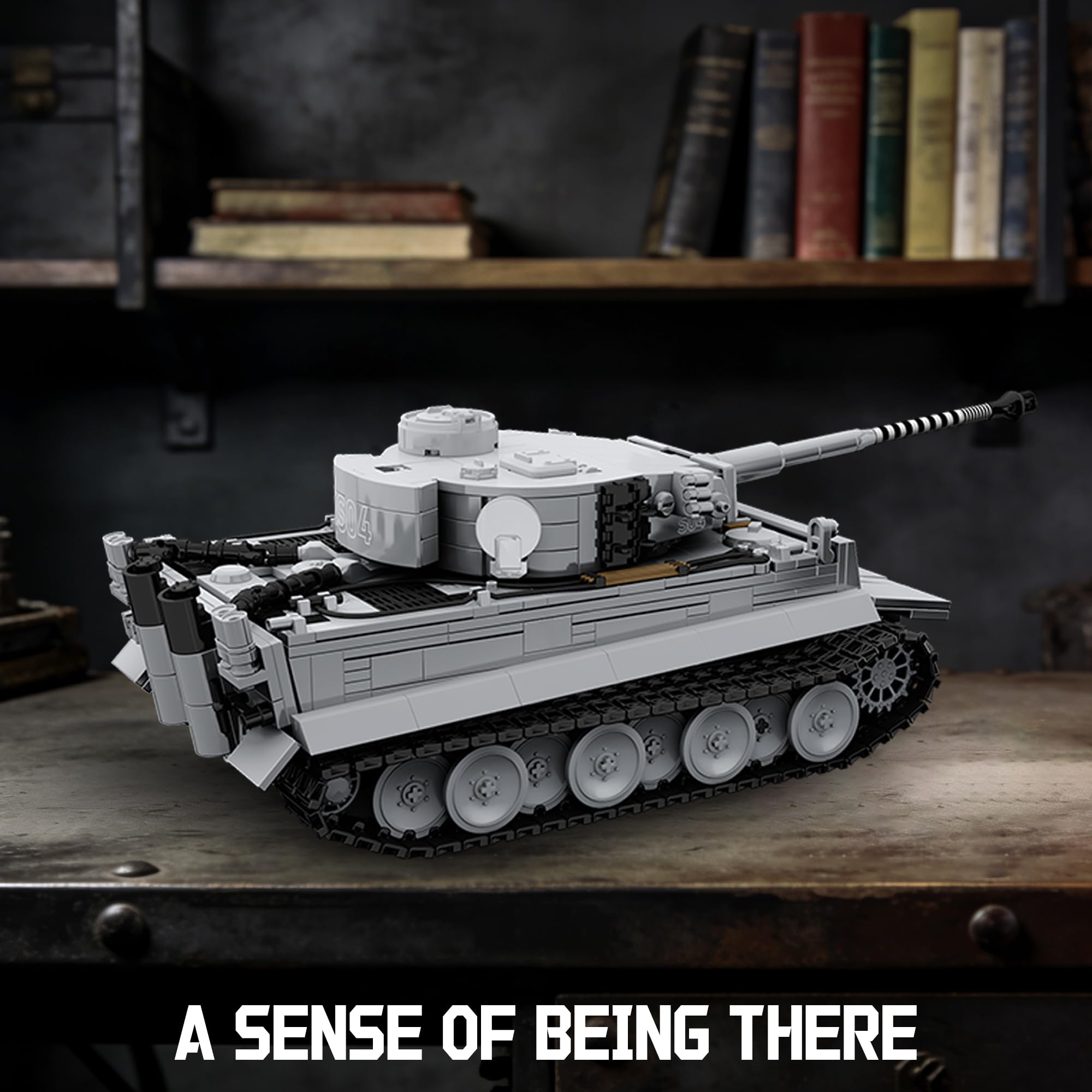 BrixVibe Tiger Heavy Tank S04 display-ready model fits on shelves and desks.