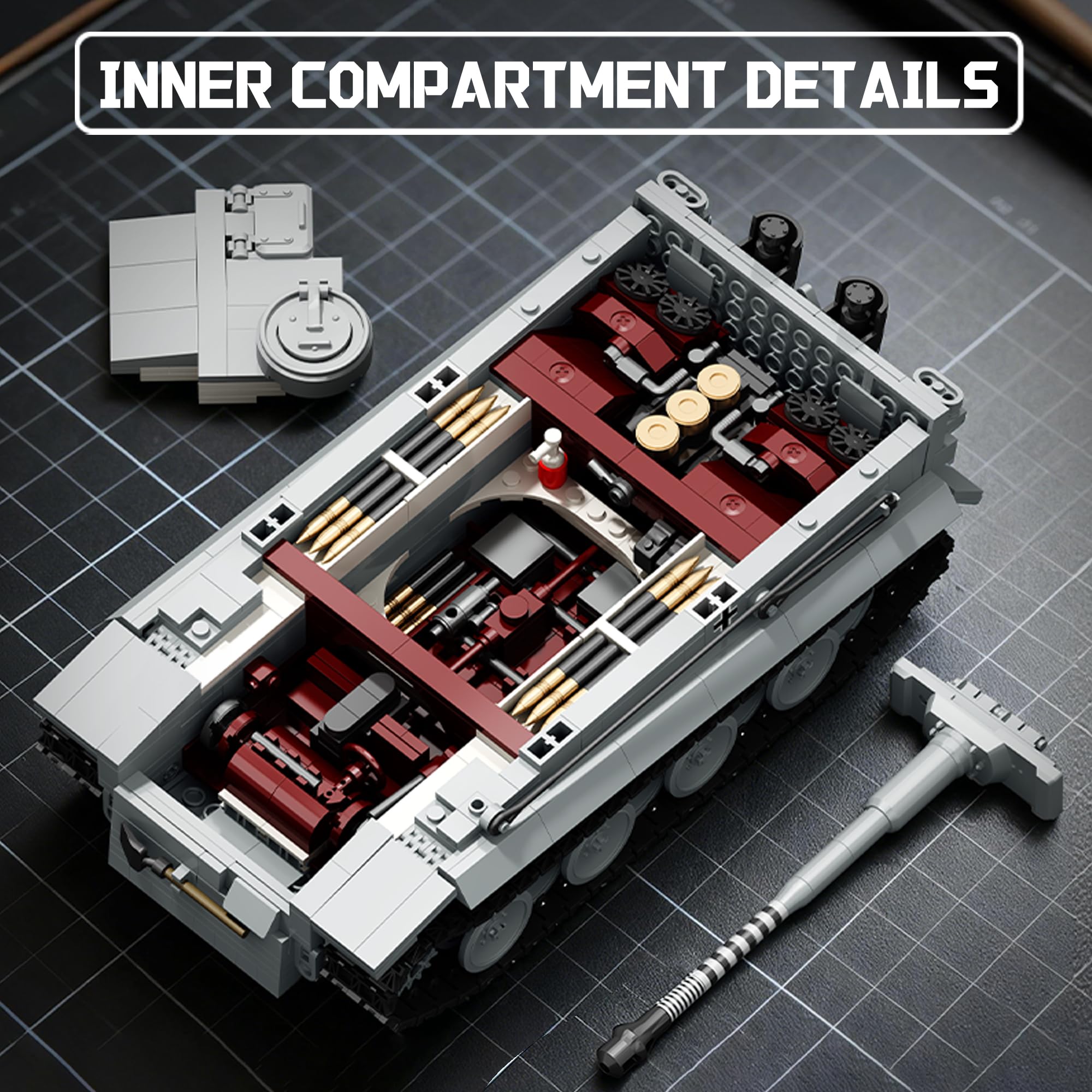 BrixVibe Tiger Heavy Tank S04 turret detail showcases rotating capabilities for dynamic posing.