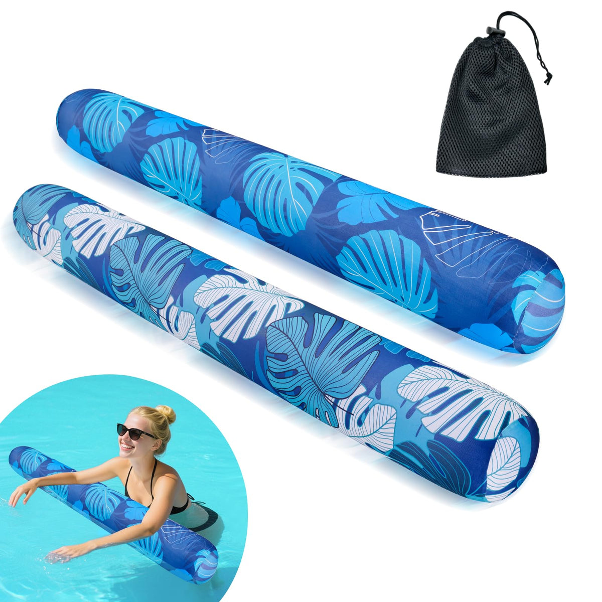 Brmoka 2-pack inflatable pool noodles with fabric cover offering jumbo buoyancy for family pools.