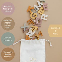 Brooklyn Neutral silicone letters closeup highlights safe, non-toxic design for toddlers.