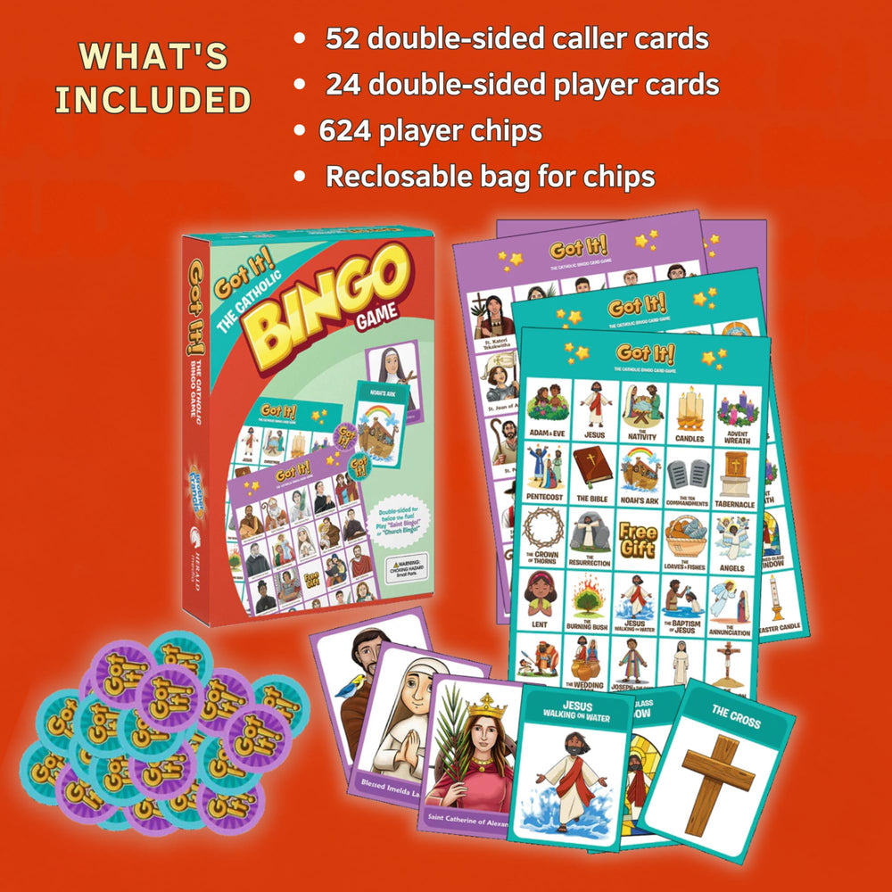 Brother Francis Got It Catholic Bingo, two games in one, Saint and Church themes for family nights.