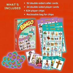 Brother Francis Got It Catholic Bingo, two games in one, Saint and Church themes for family nights.