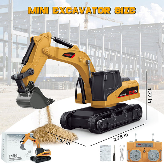 BRRRRT 1/64 palm-sized excavator side view highlighting portable form