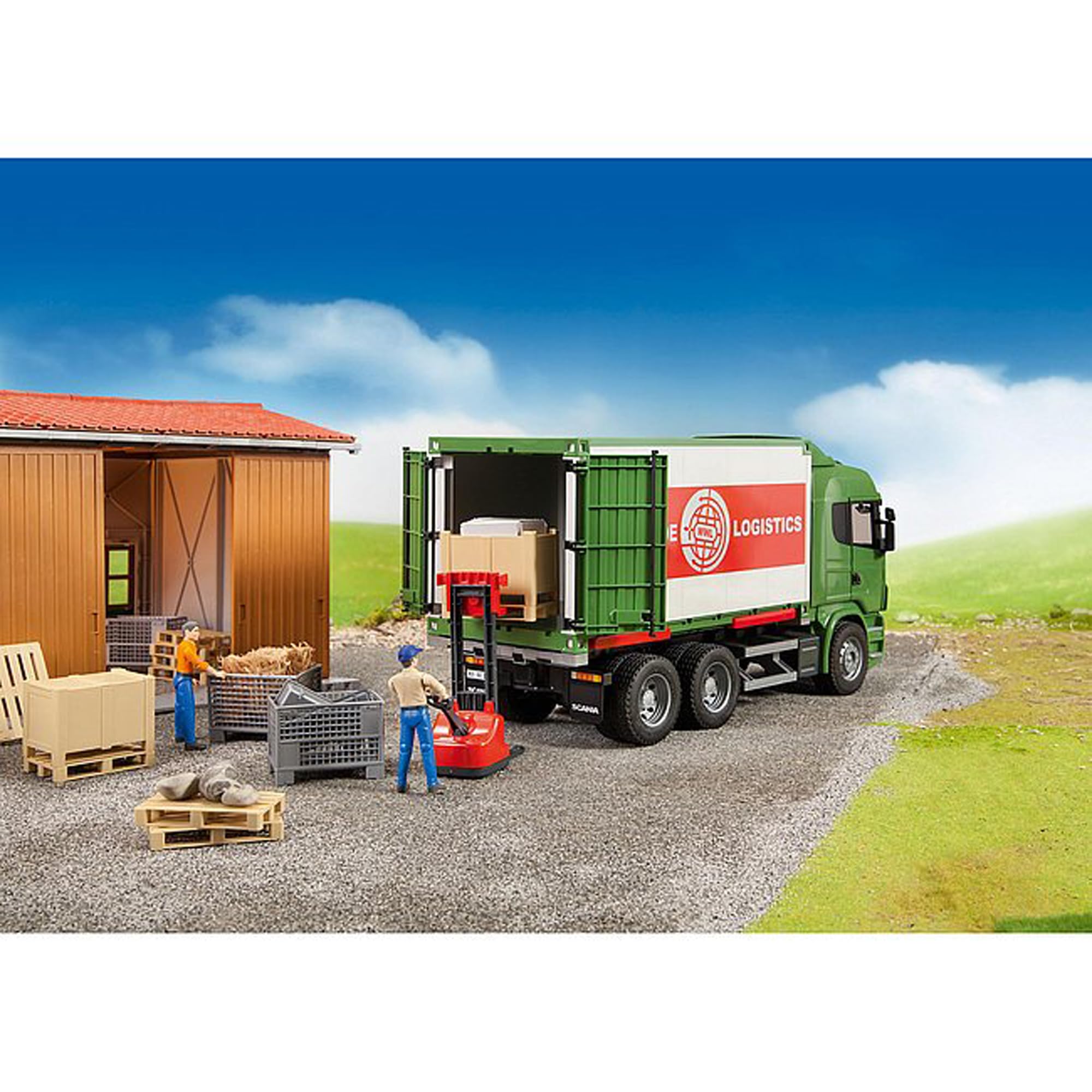 Bruder 02415 mesh boxes and crates support authentic warehouse role-play.