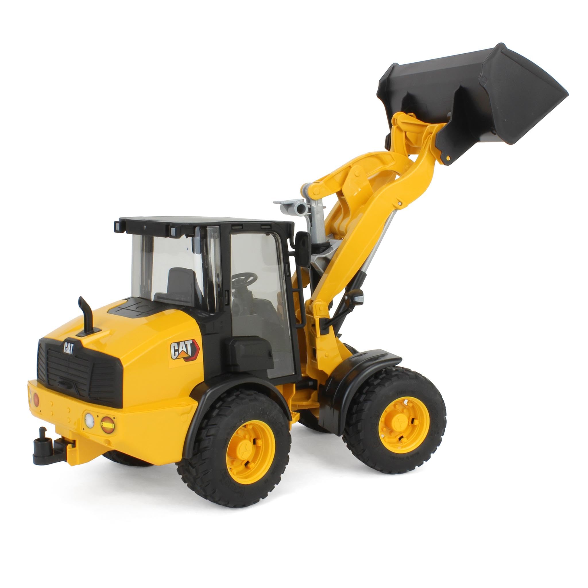 Bruder 02486 Cat Wheel Loader articulated steering for precise direction during play.