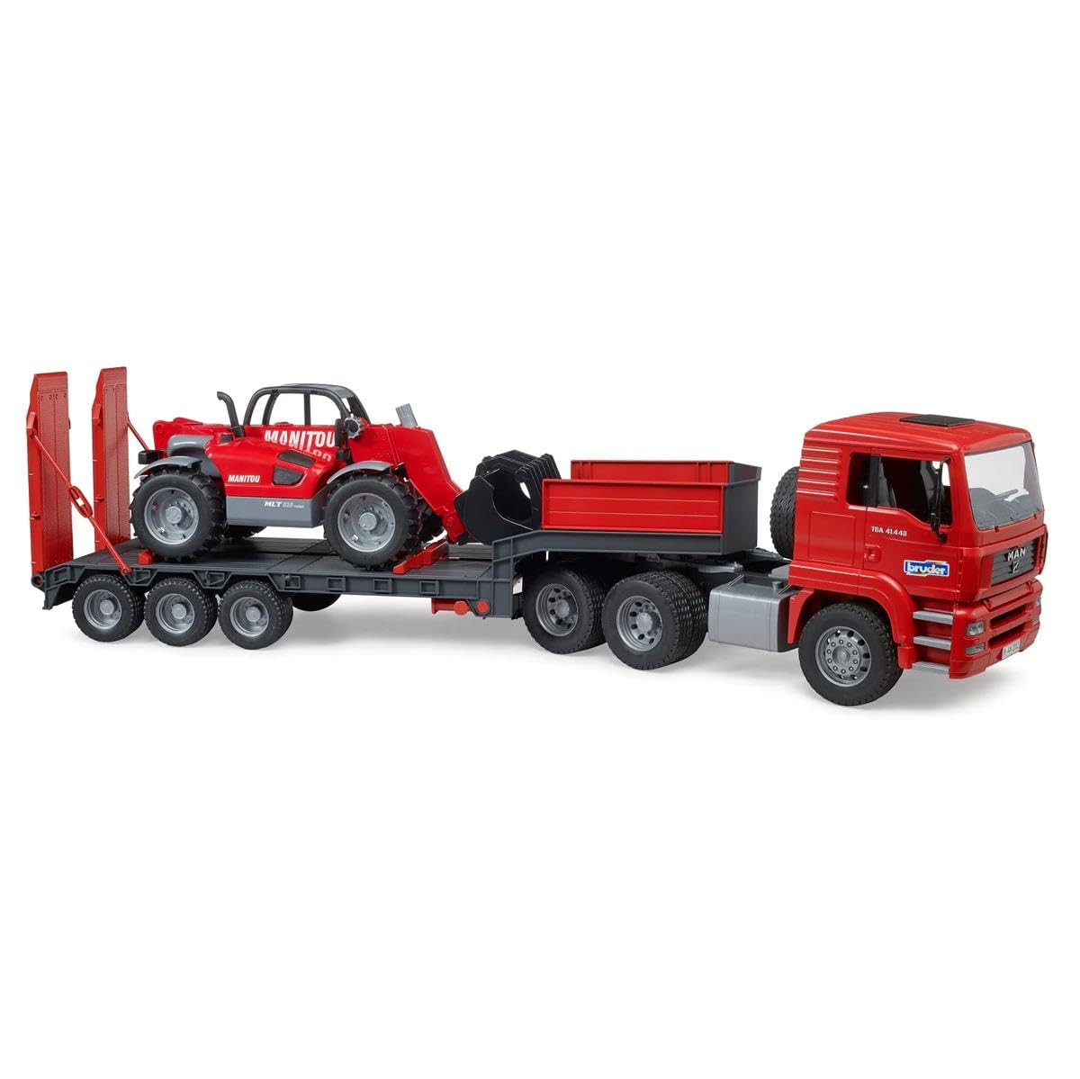 Bruder 02774 Manitou loader arm extended enables authentic lifting actions during pretend projects