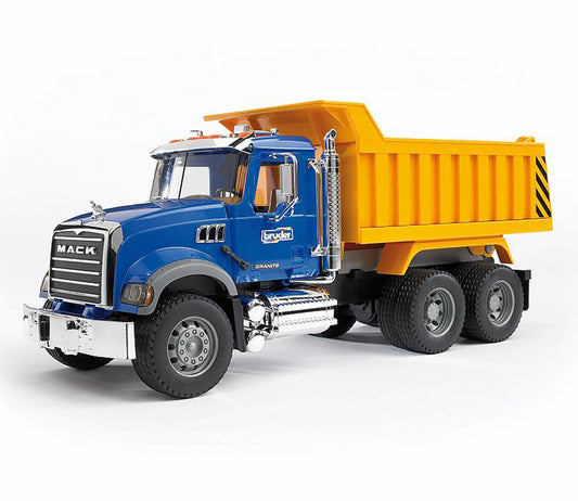 Bruder Mack Granite cab tilt reveals detailed engine for realistic play.