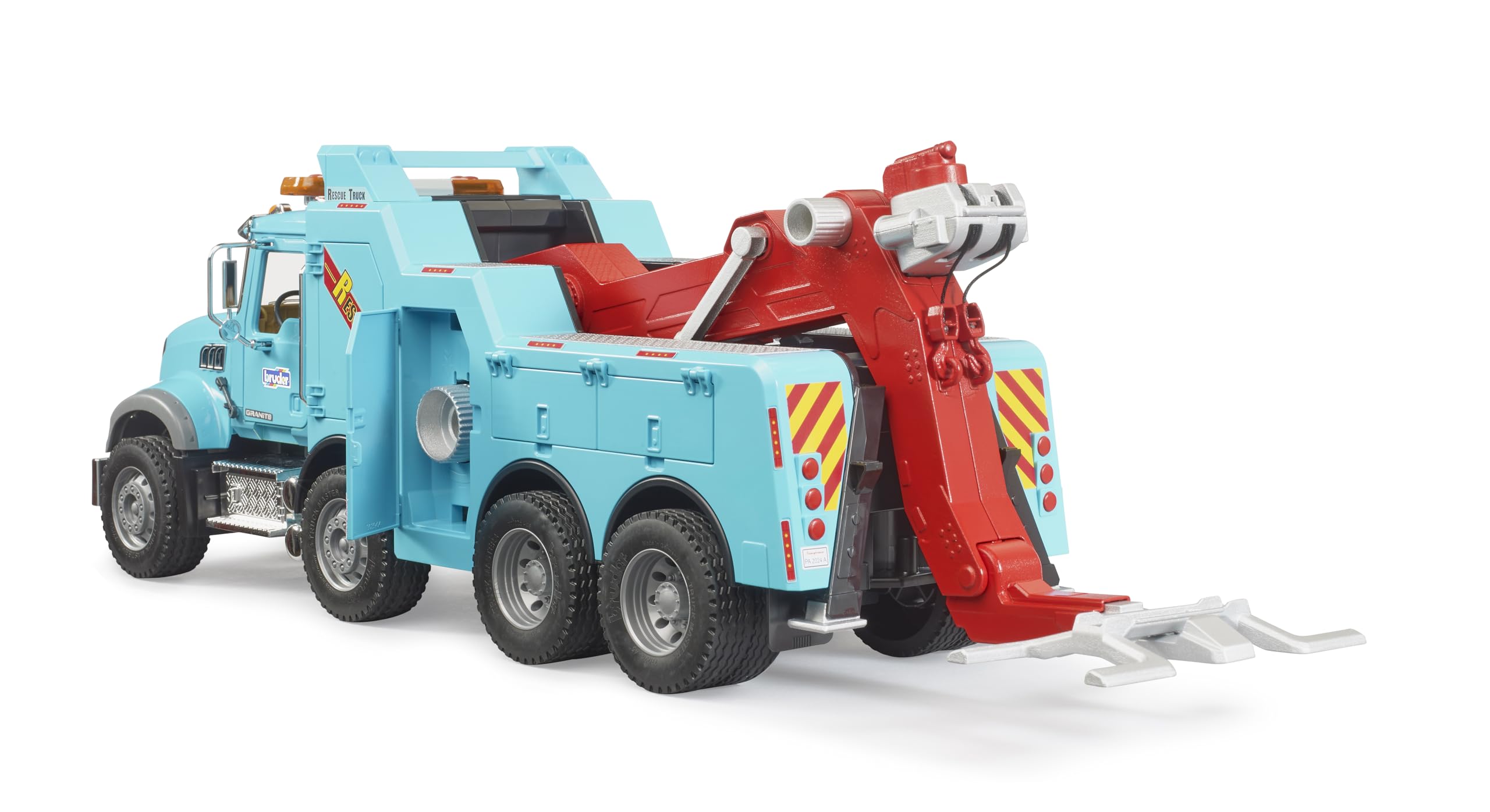 Bruder 02831 Mack Granite Heavy Rescue Wrecker cab-detailed doors open for immersive role-play.