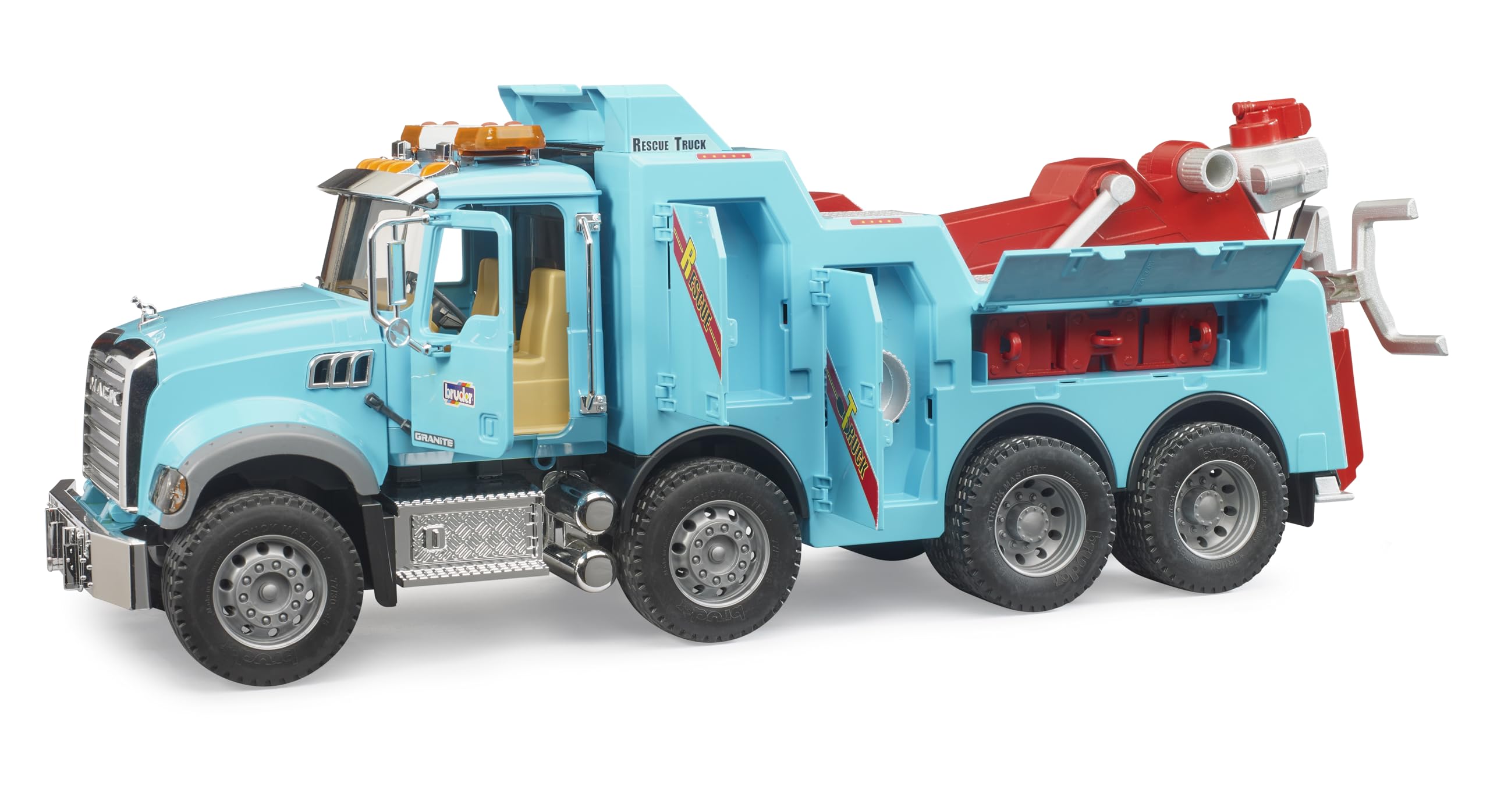 Bruder 02831 Mack Granite Heavy Rescue Wrecker towing-frame in action for realistic vehicle recovery.