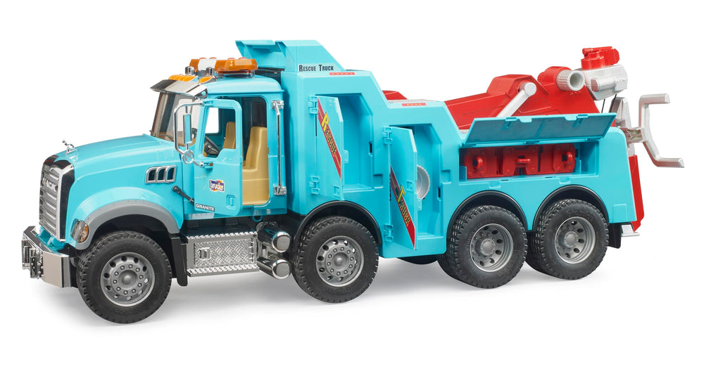 Bruder 02831 Mack Granite Heavy Rescue Wrecker towing-frame in action for realistic vehicle recovery.