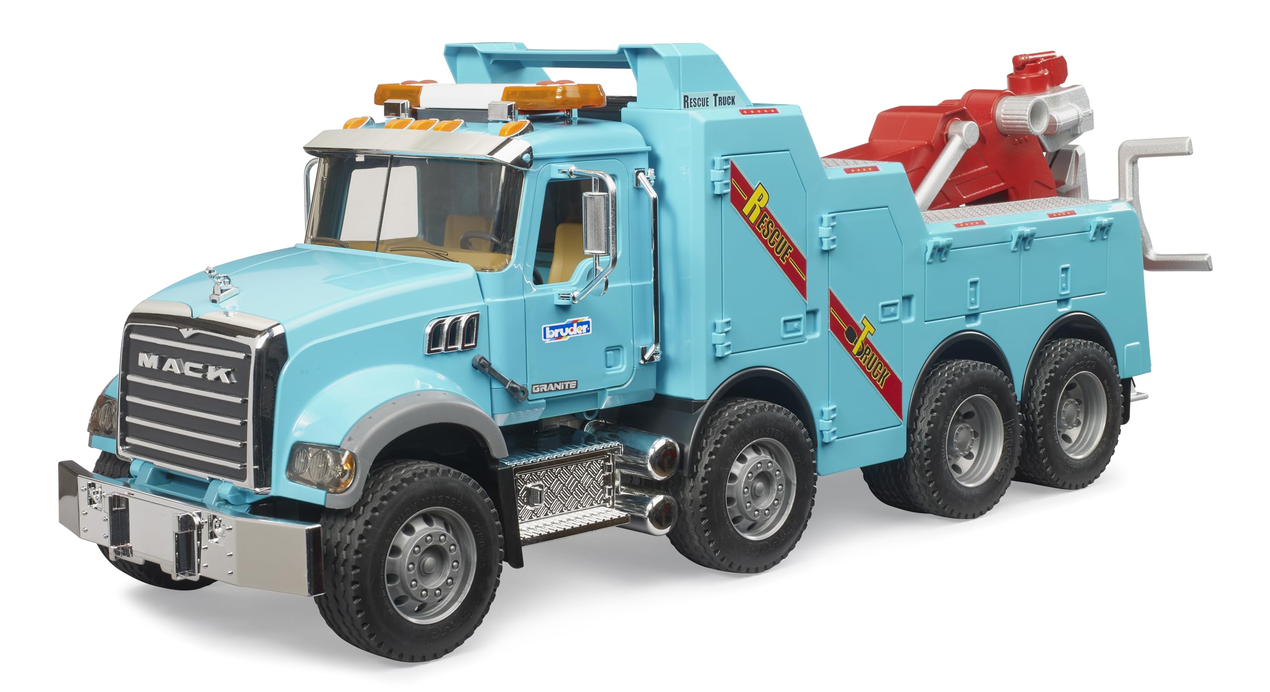 Bruder 02831 Mack Granite Heavy Rescue Wrecker front view, ready for immersive rescue play indoors or outdoors.