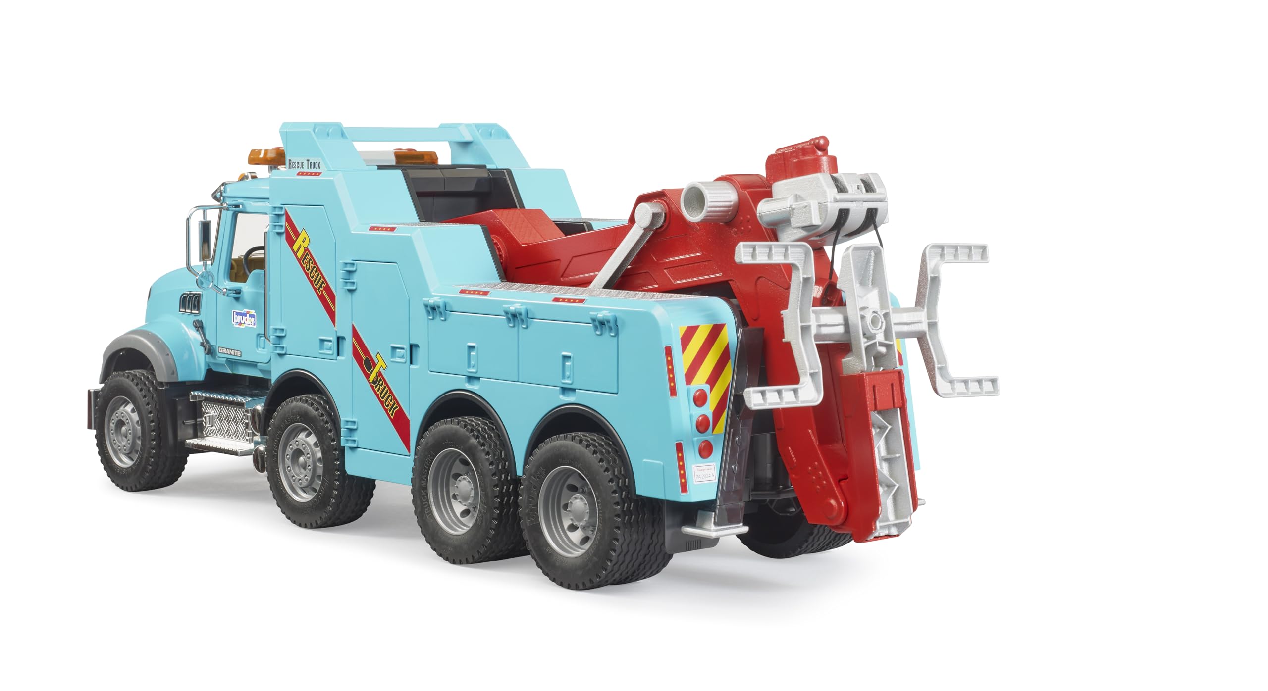 Bruder 02831 Mack Granite Heavy Rescue Wrecker winch-action close-up for authentic recovery play.