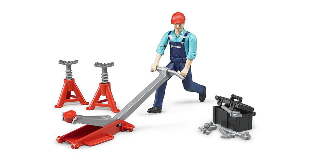 Bruder 62100 Bworld light-skin man figure with repair shop accessories for realistic role play.