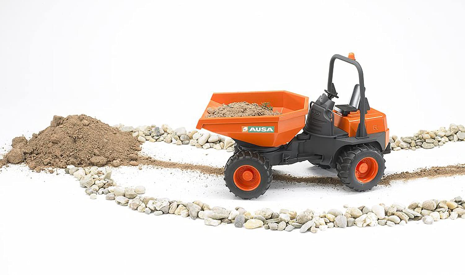 Bruder Ausa Minidumper front view shows a rotating tipping trough for precise unloading.