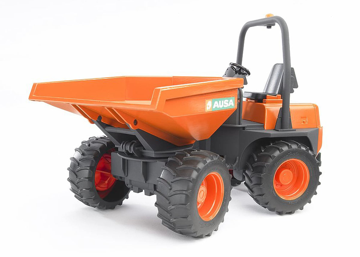 Bruder Ausa Minidumper side view demonstrates articulated steering for tough terrain.
