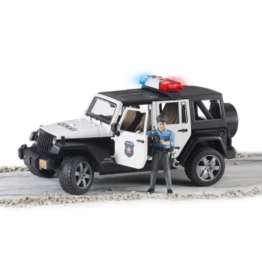 Bruder bworld policeman figure seated in the police car for realistic scenes.