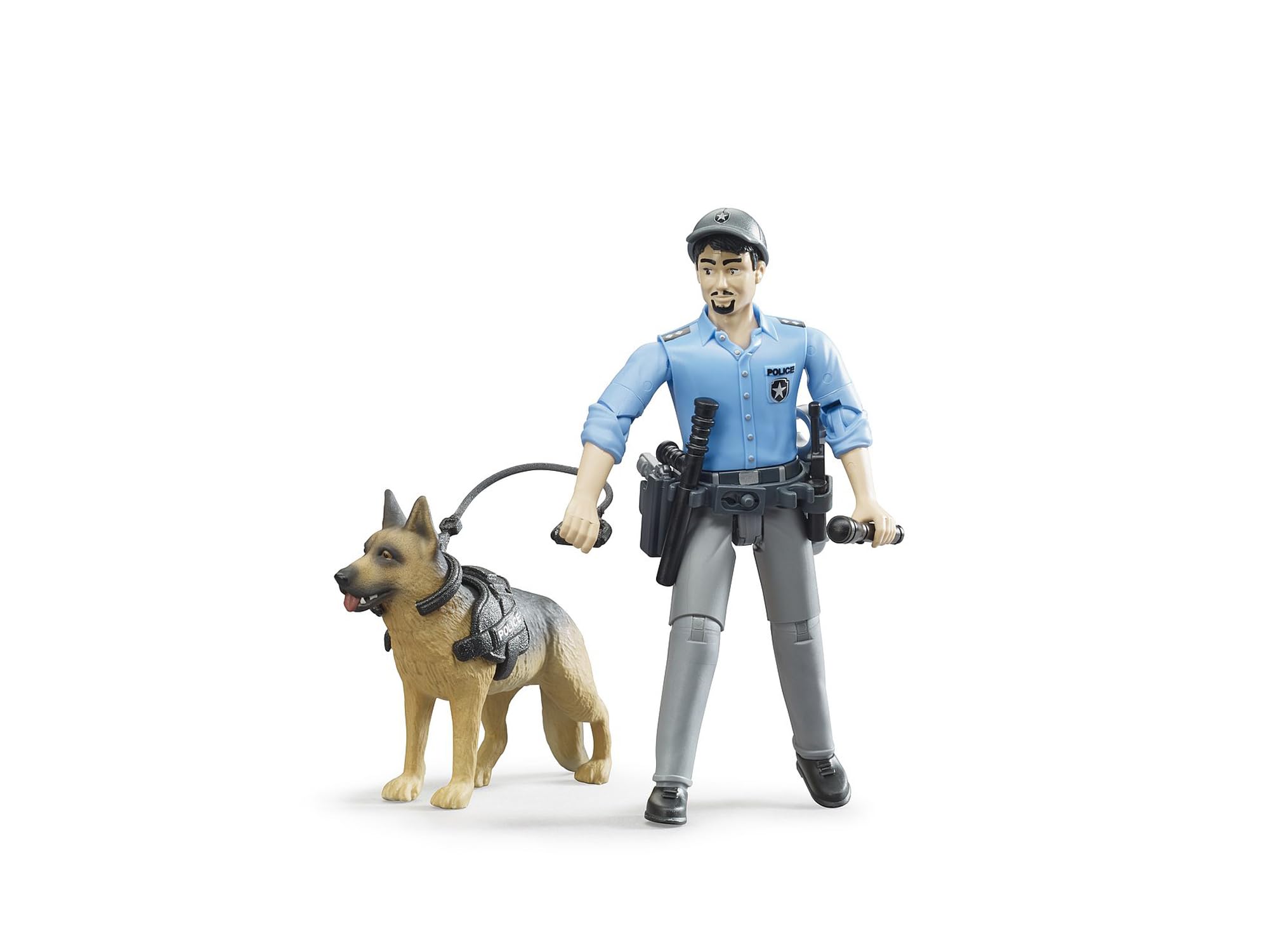 Bruder bworld Policeman with Dog dog harness detail for realistic play.