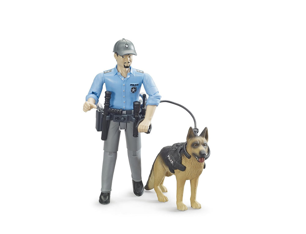 Bruder bworld Policeman with Dog front view with gear for imaginative play.