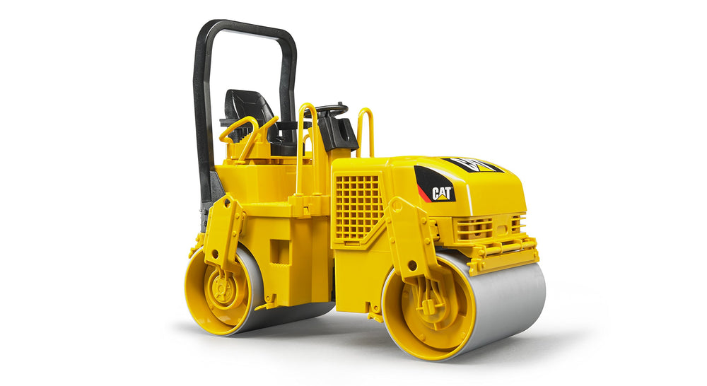 Bruder CAT Asphalt Drum Compactor with articulated steering for realistic road construction play.