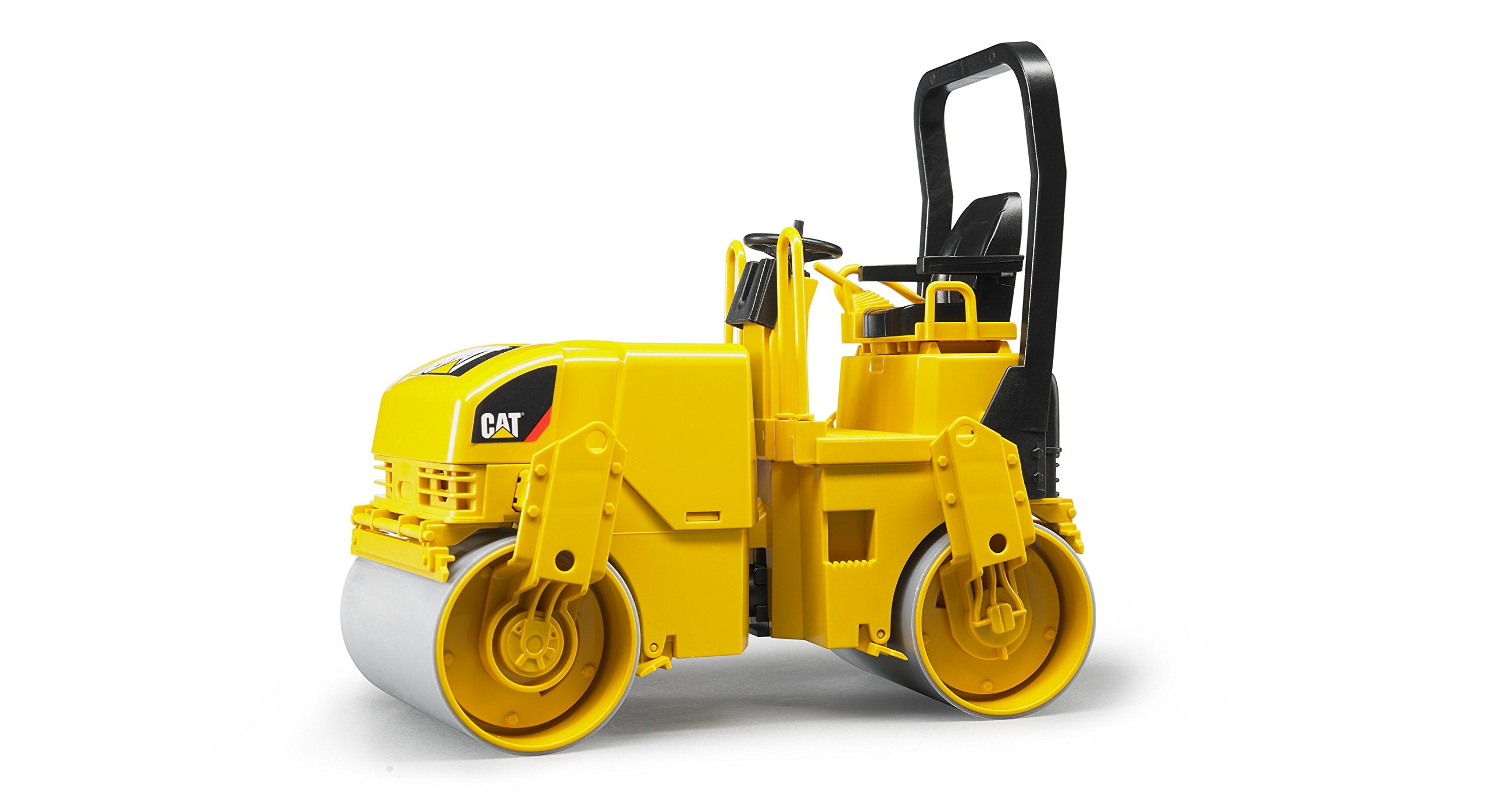 Close-up of realistic rollers and bolts on the Bruder compactor for authentic detail.