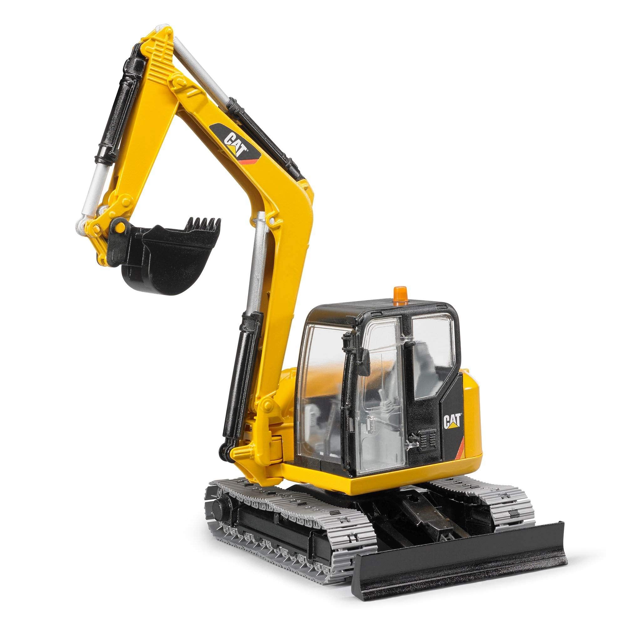 Bruder CAT mini excavator front view showing compact size for tight spaces and real-world detail.