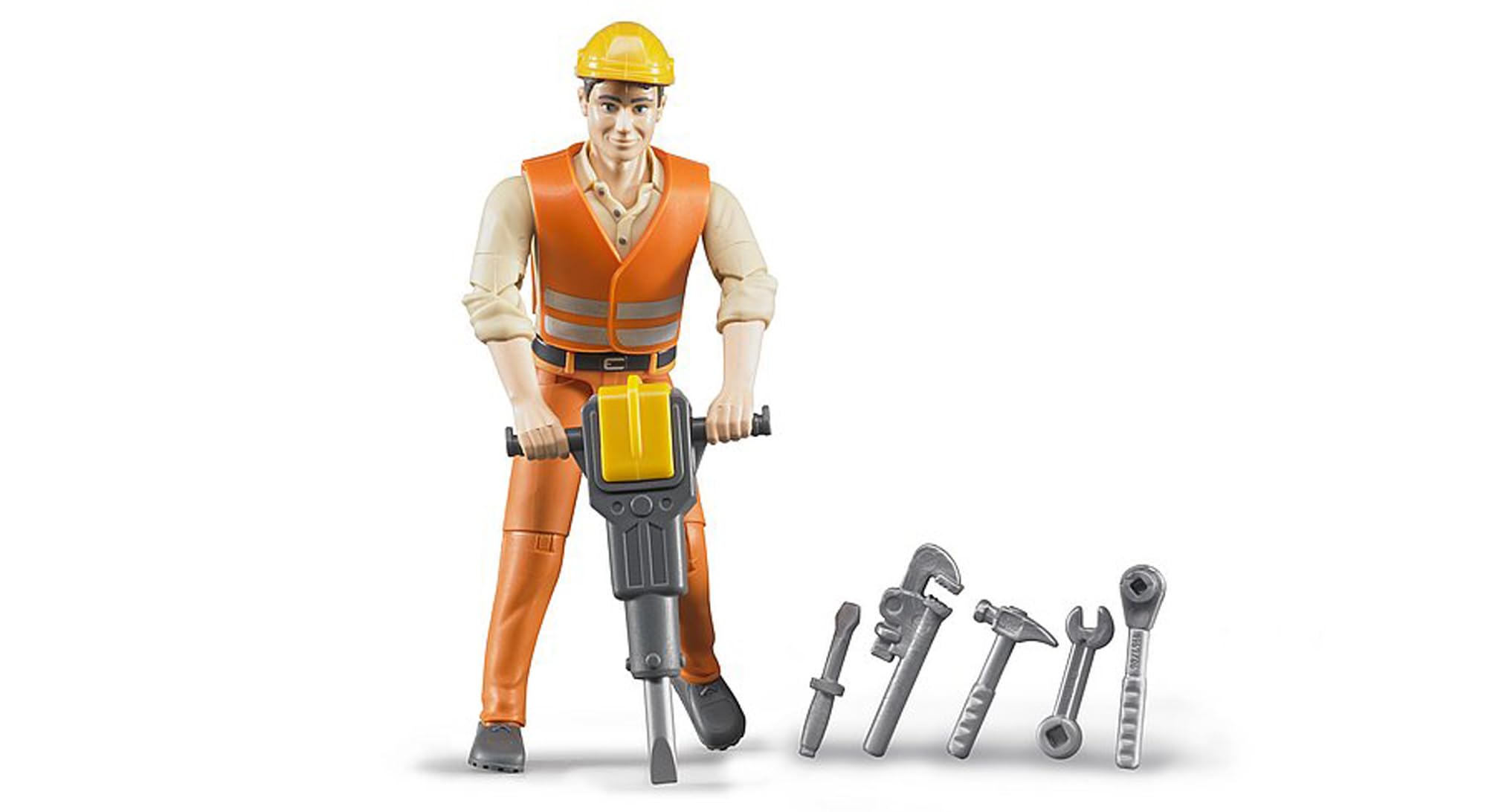 Bruder construction worker with vest and hard hat for immersive, safe role-play.